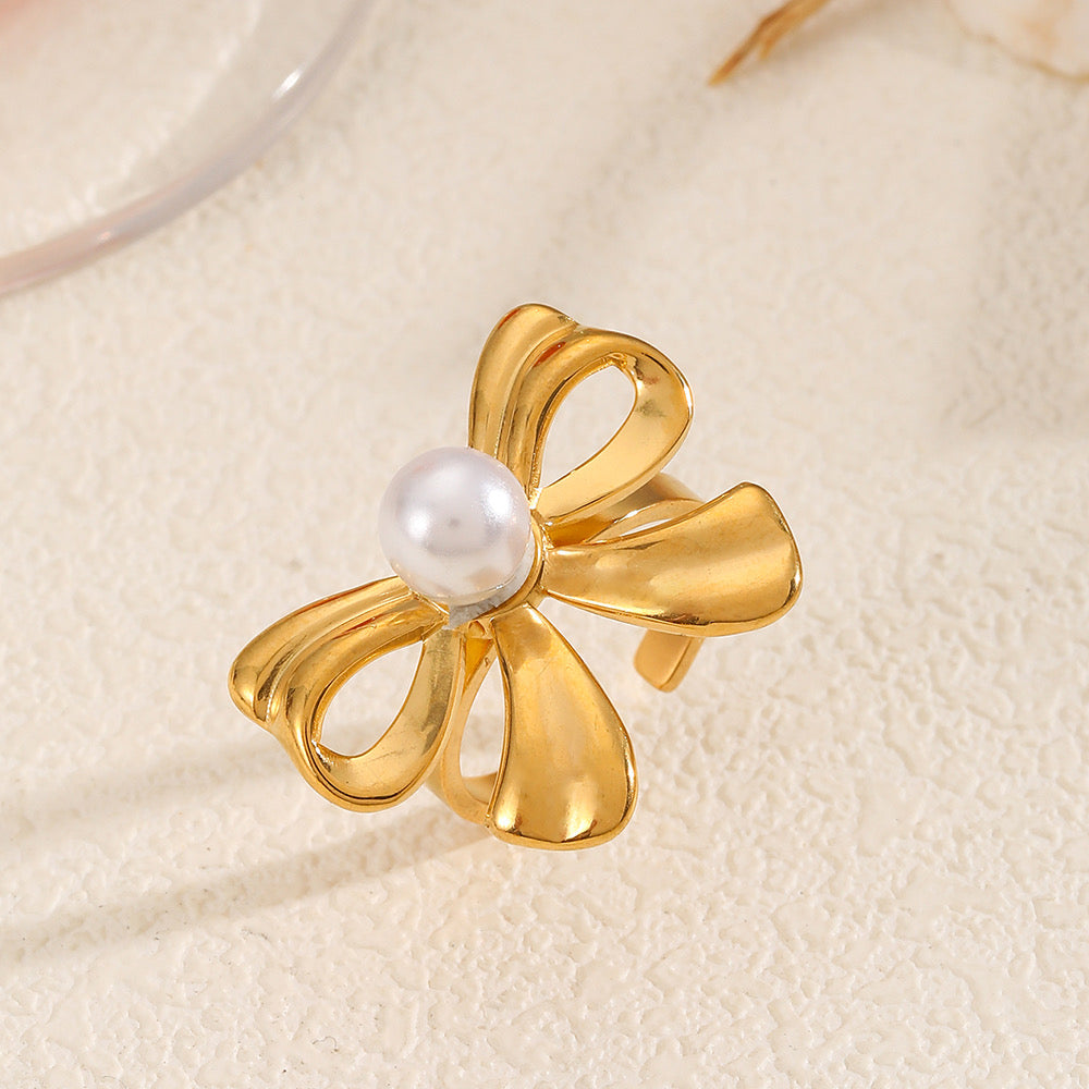 Golden Bow Pearl Ring- WATERPROOF