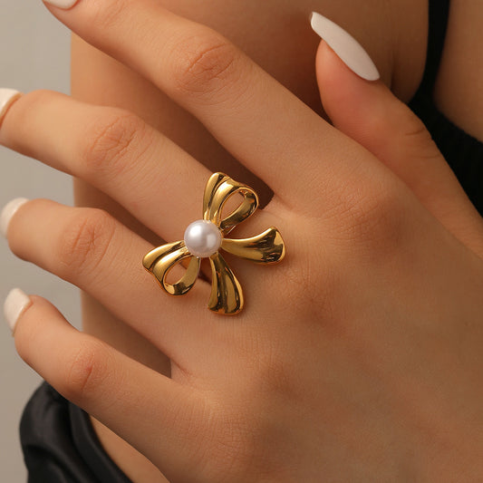 Golden Bow Pearl Ring- WATERPROOF
