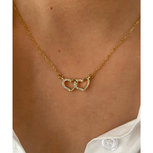 Gold Plated Surgical Steel Necklace Double Heart - PREMIUM