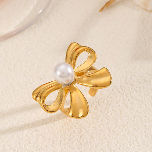 Golden Bow Pearl Ring- WATERPROOF